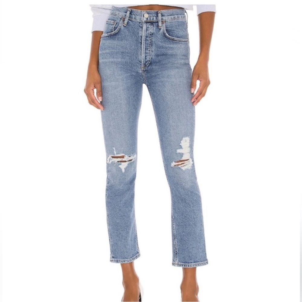 AGOLDE Riley High Rise Straight Leg Jeans in Whiplash Blue Denim Women's Size 26